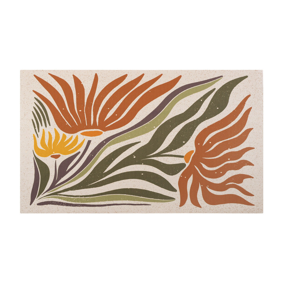 Medium MCM abstract floral, shiitake tan background and orange and yellow flowers with leaves on low profile washable mat