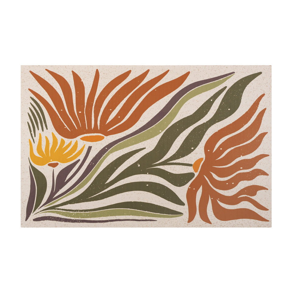 Small MCM abstract floral, shiitake tan background and orange and yellow flowers with leaves on low profile washable mat