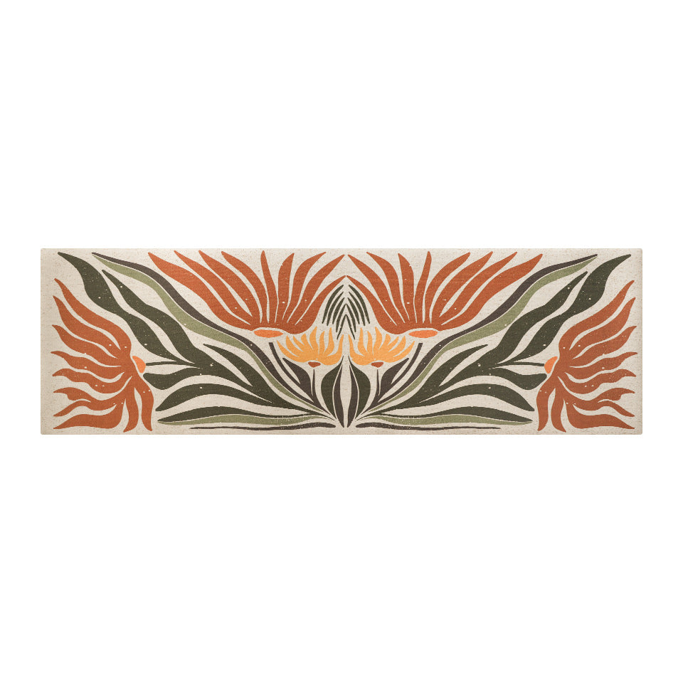 Runner MCM abstract floral, shiitake tan background and orange and yellow flowers with leaves on low profile washable mat