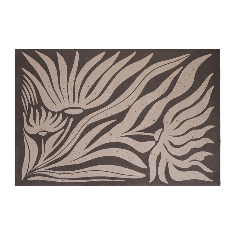 Large MCM funky abstract floral with urbane bronze background and shiitake tan flowers on low profile washable floor mat
