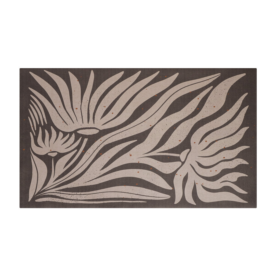 MCM funky abstract floral with urbane bronze background and shiitake tan flowers on low profile washable floor mat