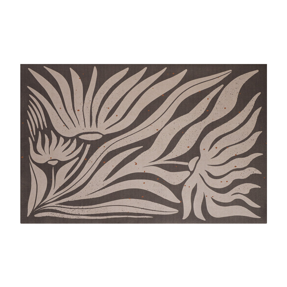 Small MCM funky abstract floral with urbane bronze background and shiitake tan flowers on low profile washable floor mat