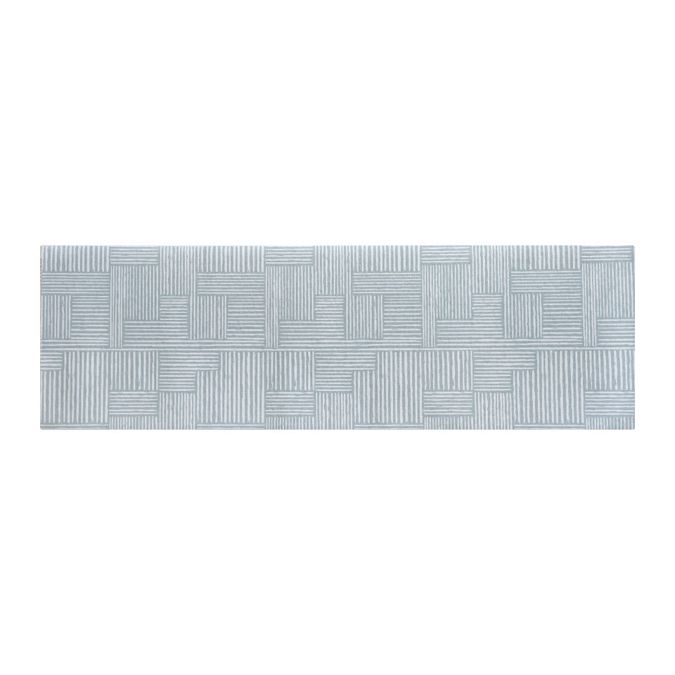 Runner Sea Salt blue with snowbound cream organic lines in abstract square pattern on a low profile washable interior mat.