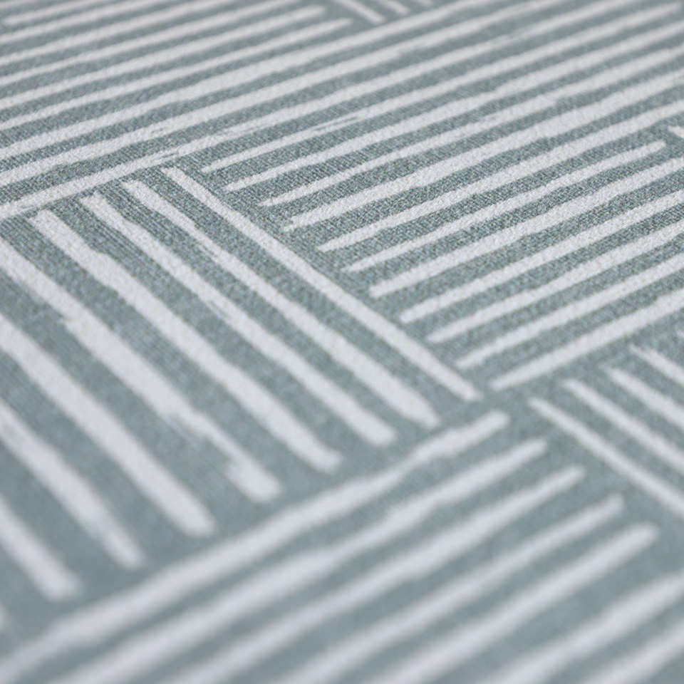 Close up of Sea Salt blue background with snowbound cream colored organic lines in abstract square pattern on a low profile washable interior floor mat.