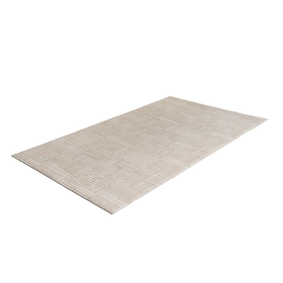 Shiitake tan background with snowbound cream colored organic lines in abstract square pattern on a low profile washable interior floor mat.