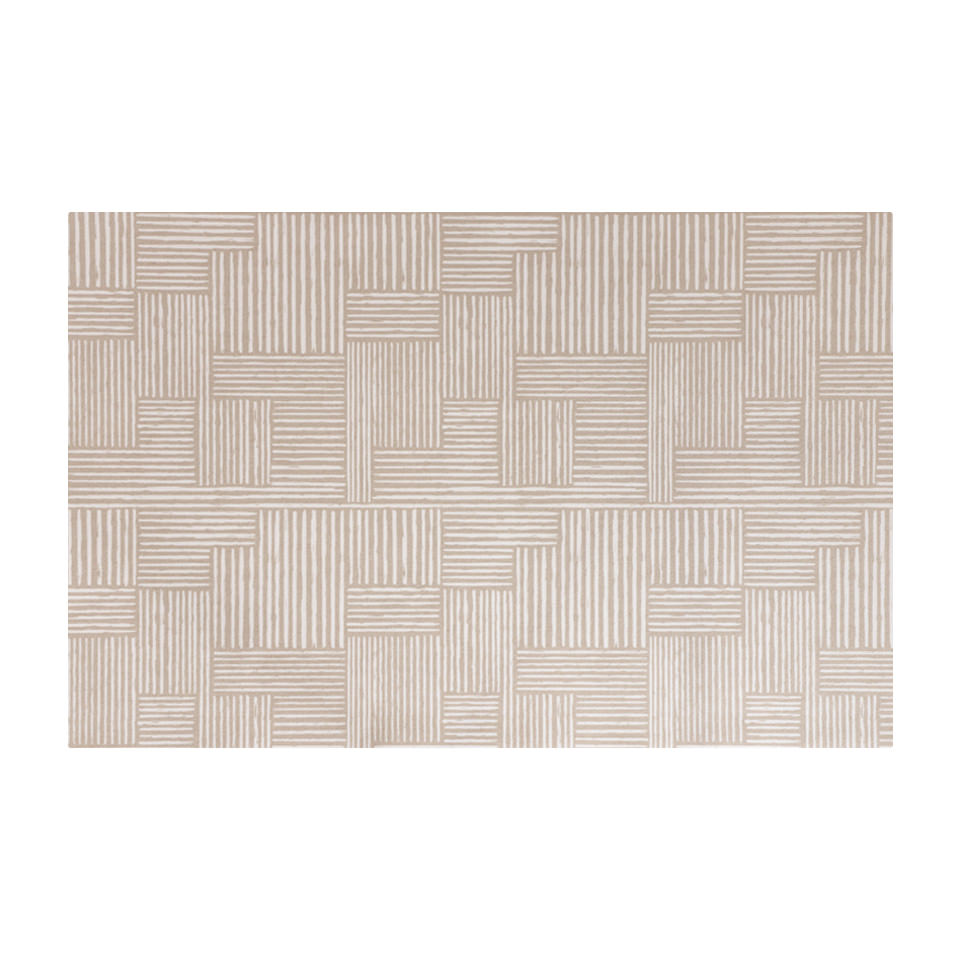 Small Shiitake tan with snowbound cream organic lines in abstract square pattern on a low profile washable interior mat.