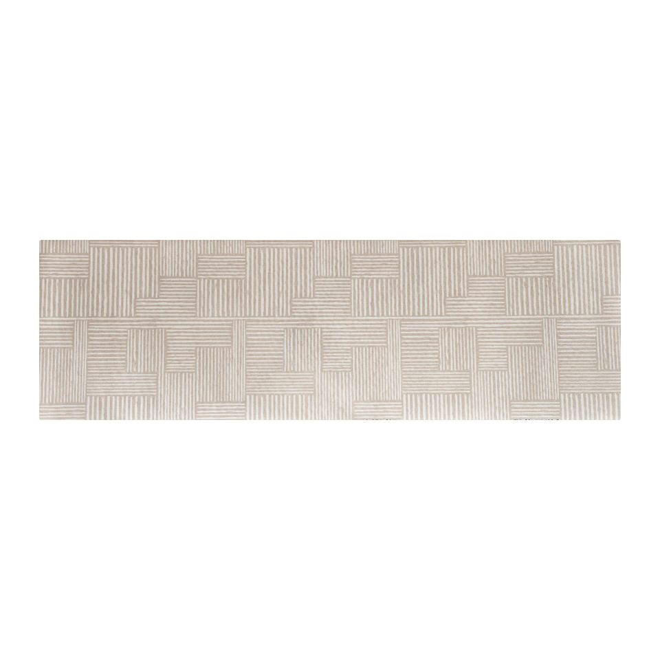 Runner Shiitake tan with snowbound cream organic lines in abstract square pattern on a low profile washable interior mat.
