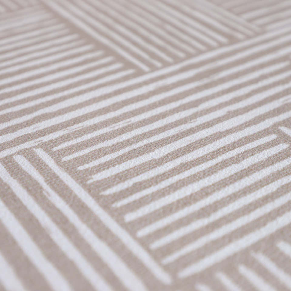 Close up view of Shiitake tan background with snowbound cream colored organic lines in abstract square pattern on a low profile washable interior floor mat.