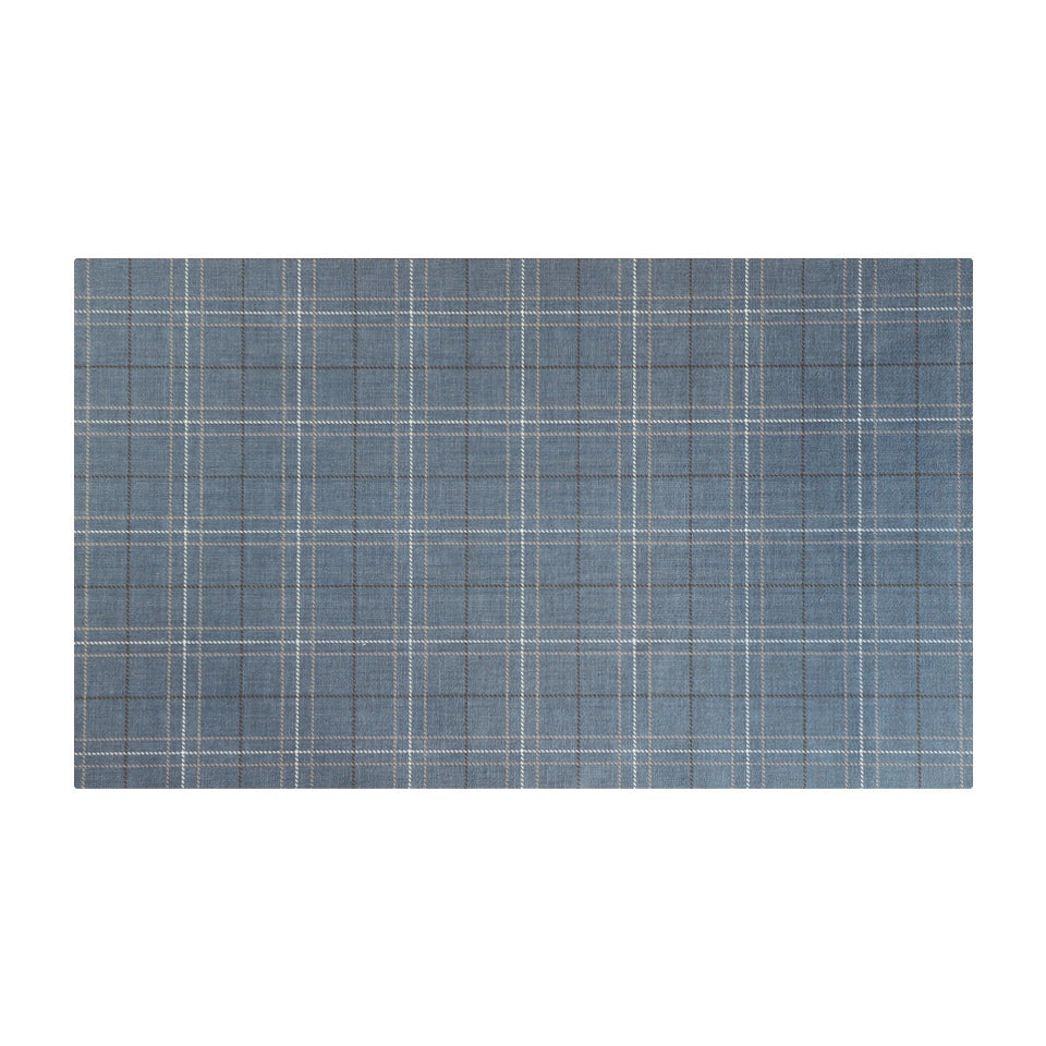 Overhead of Storm Cloud blue linen texture with shiitake tan and urbane bronze plaid stripes in size medium
