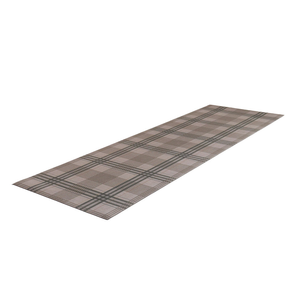 Kitchen runner sized Shiitake tan printed linen texture with urbane bronze brown plaid stripes on a low profile washable indoor floor mat