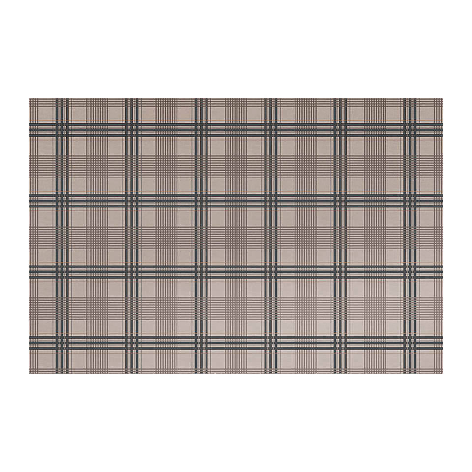 Medium Shiitake tan printed linen texture with urbane bronze brown plaid stripes on a low profile washable indoor floor mat