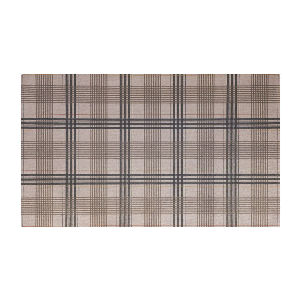 Shiitake tan printed linen texture with urbane bronze brown plaid stripes on a low profile washable indoor floor mat