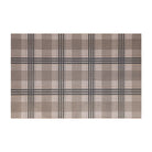 Small Shiitake tan printed linen texture with urbane bronze brown plaid stripes on a low profile washable indoor floor mat