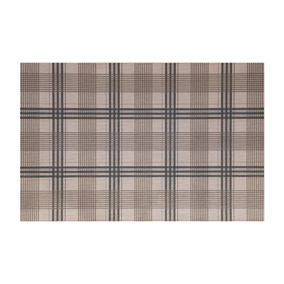 Small Shiitake tan printed linen texture with urbane bronze brown plaid stripes on a low profile washable indoor floor mat