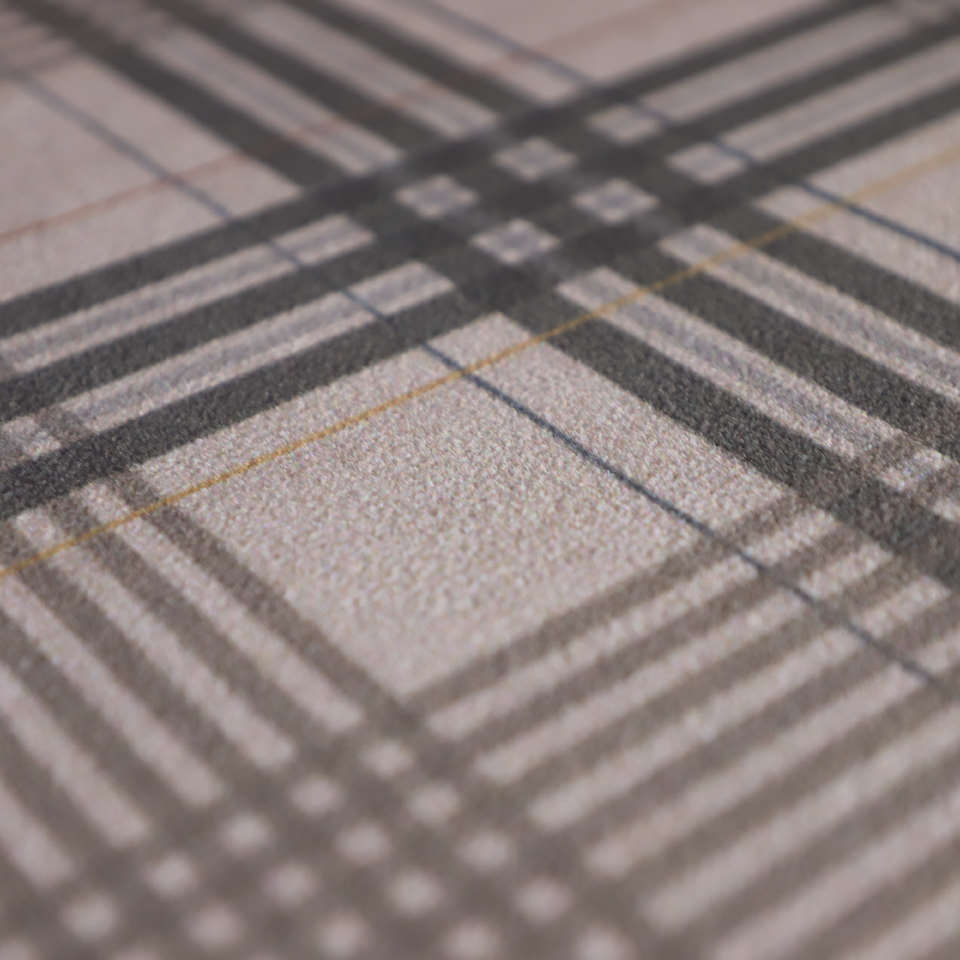 Close up of Shiitake tan printed linen texture with urbane bronze brown plaid stripes on a low profile washable indoor floor mat