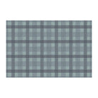 Sea salt blue printed linen texture with storm cloud blue plaid stripes on a low profile washable indoor floor mat size large