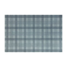 Sea salt blue printed linen texture with storm cloud blue plaid stripes on a low profile washable indoor floor mat size small