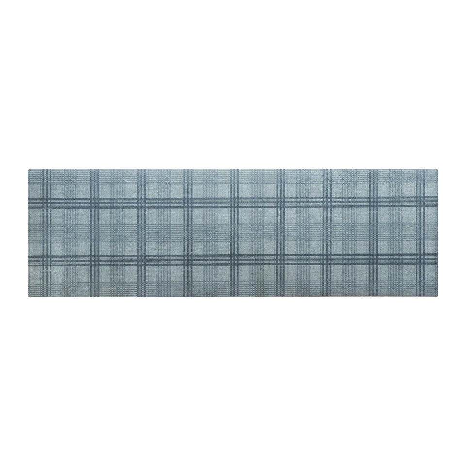Sea salt blue printed linen texture with storm cloud blue plaid stripes on a low profile washable indoor floor mat runner