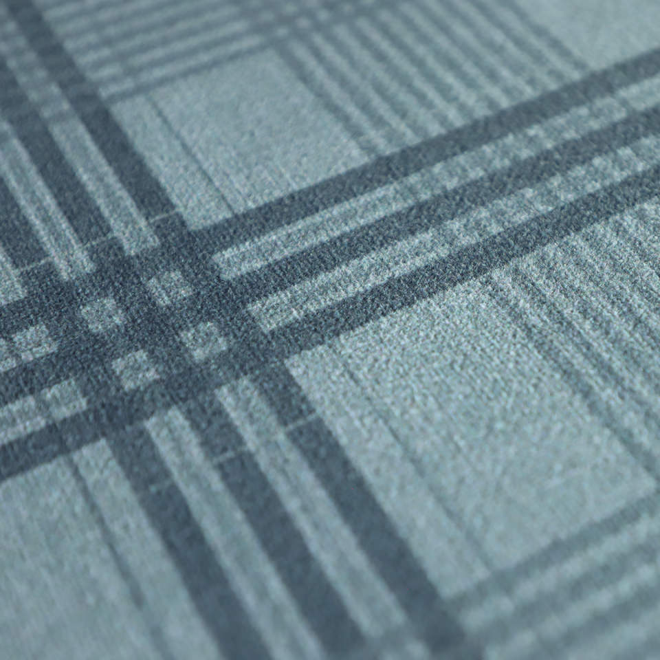 Closeup of Sea salt blue printed linen texture with storm cloud blue plaid stripes on a low profile washable indoor floor mat