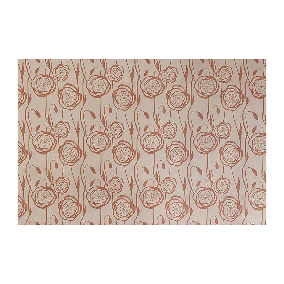 Indoor washable doormat with redend pinkish peonies on a shiitake tan background in printed linen size large