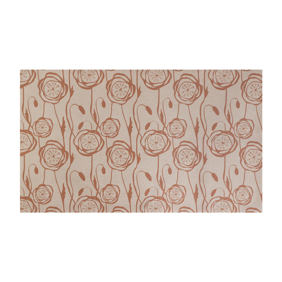 Indoor washable doormat with redend pinkish peonies on a shiitake tan background in printed linen