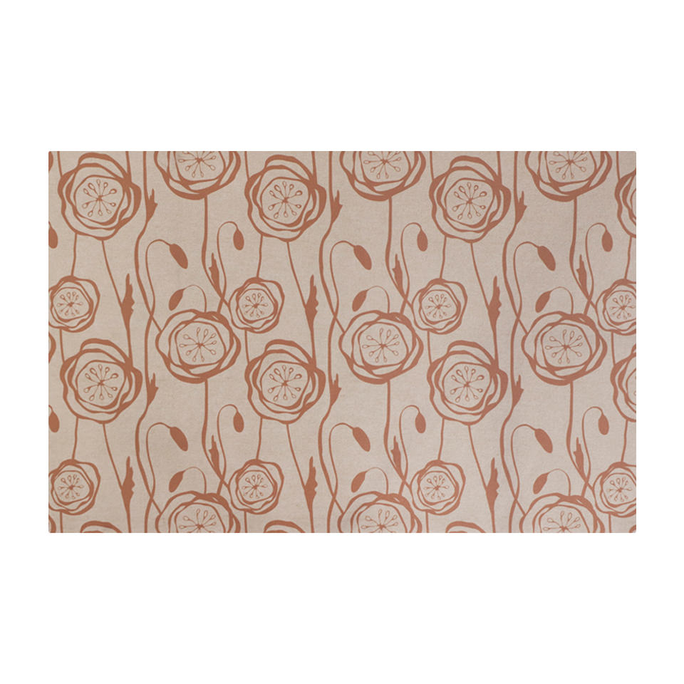 Indoor washable doormat with redend pinkish peonies on a shiitake tan background in printed linen size small