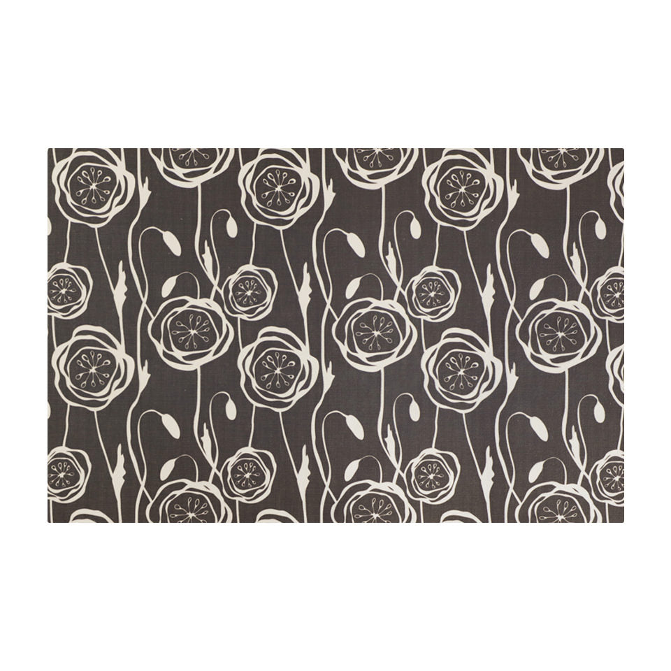 Peonies in a repeating pattern with urbane bronze brown background and peonies in snowbound cream on a washable mat.