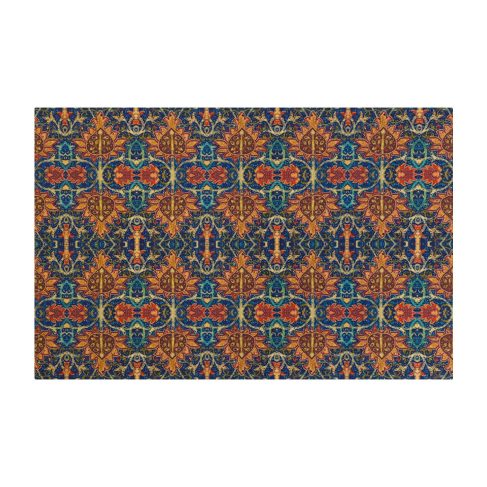 Colorful vibrant Persian style rug with burnt orange, navy, teal, greens, yellows, blues in a repeating ornate pattern on a washable mat