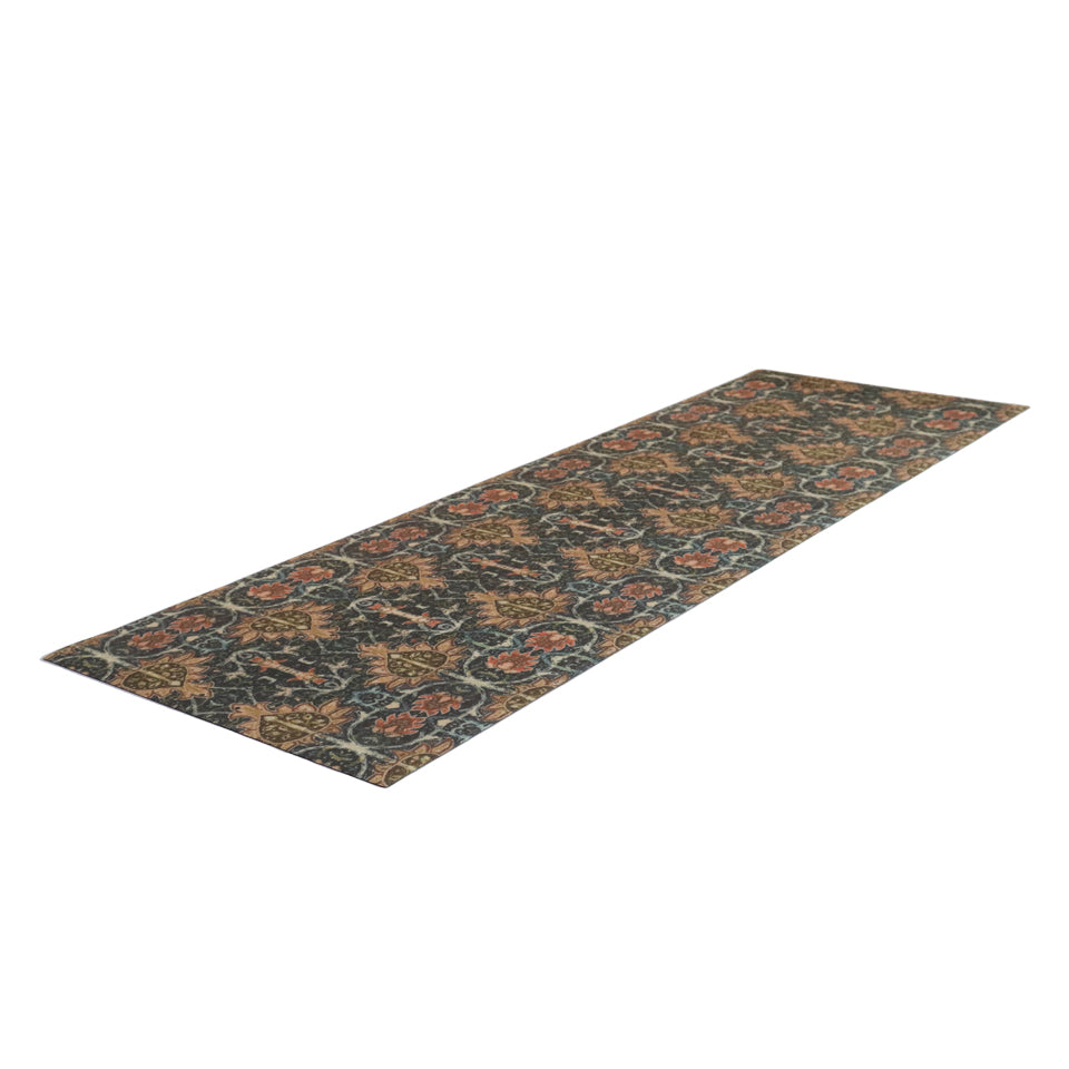 Colorful muted Persian style rug with burnt orange, navy, teal, greens, yellows, blues in a repeating ornate pattern on a washable indoor floor mat