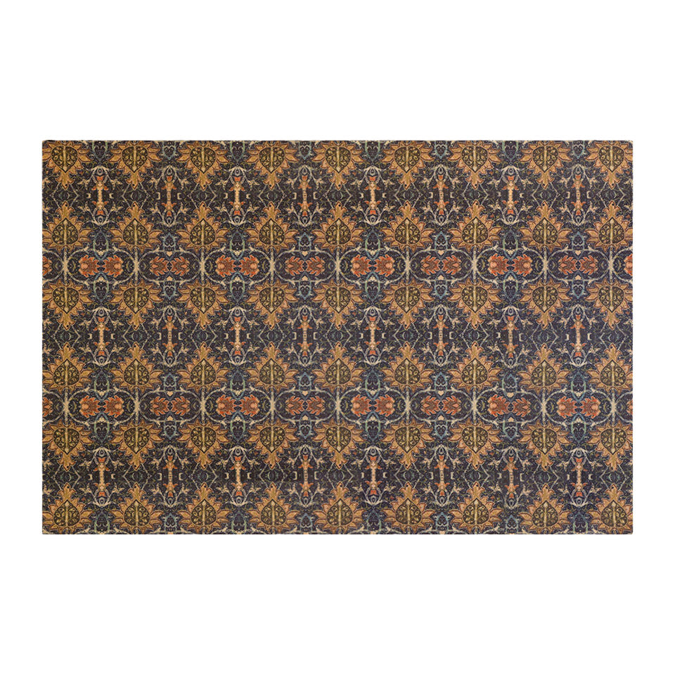 Colorful muted vibrant Persian style rug with burnt orange, navy, teal, greens, yellows, blues in a repeating ornate pattern