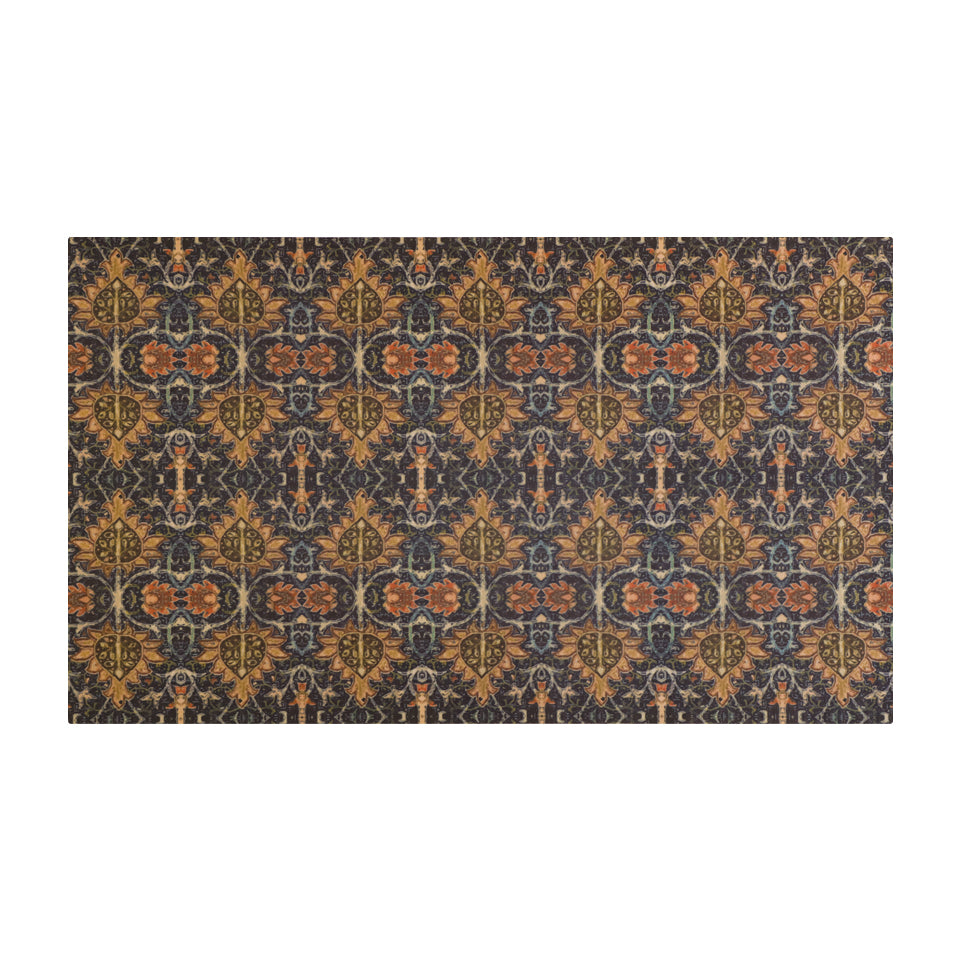 Colorful muted vibrant Persian style rug with burnt orange, navy, teal, greens, yellows, blues in a repeating ornate pattern on a washable indoor floor mat