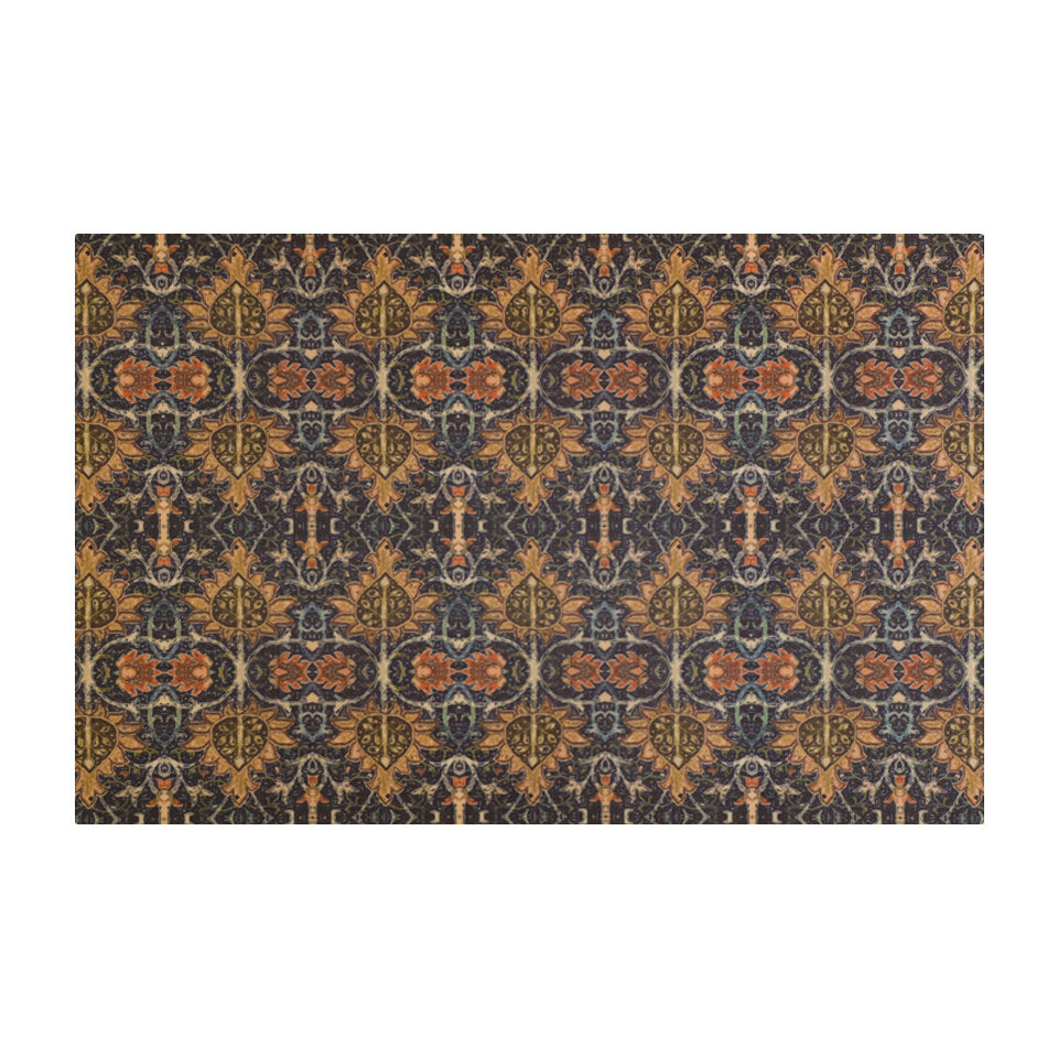 Colorful muted vibrant Persian style rug with burnt orange, navy, teal, greens, yellows, blues in a repeating ornate pattern on a washable mat