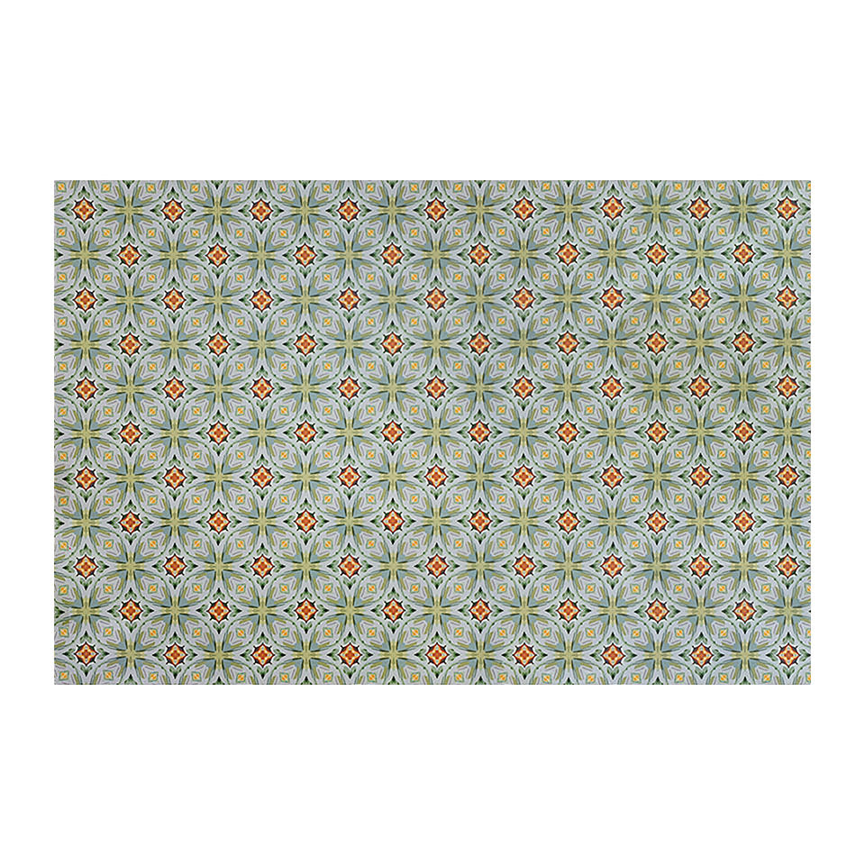 Neutral kaleidoscope pattern in aquas, apple green, and hints of orange on this low profile washable interior floor mat. 