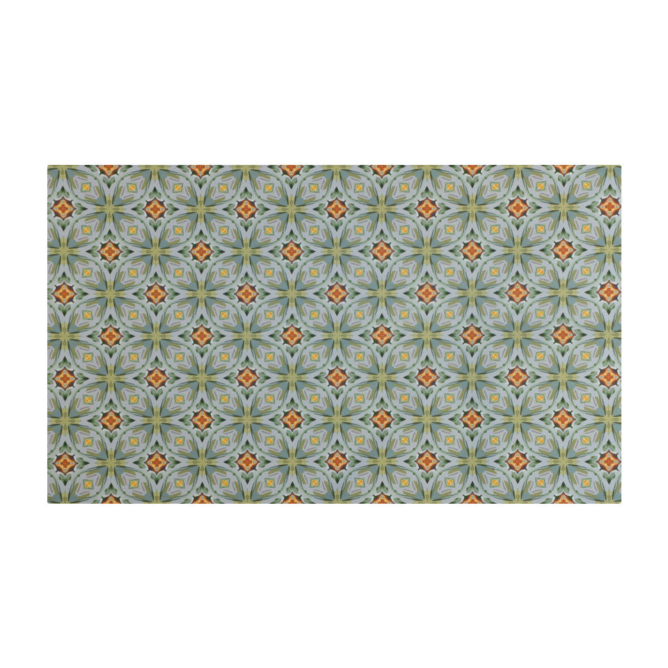 Neutral kaleidoscope pattern in aquas, apple green, and hints of orange on this low profile washable interior floor mat. 