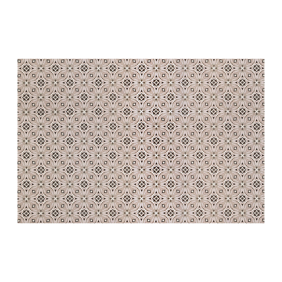 Neutral kaleidoscope pattern in shiitake tan and urbane bronze brown with touches of storm cloud blue on this low profile washable interior floor mat. 