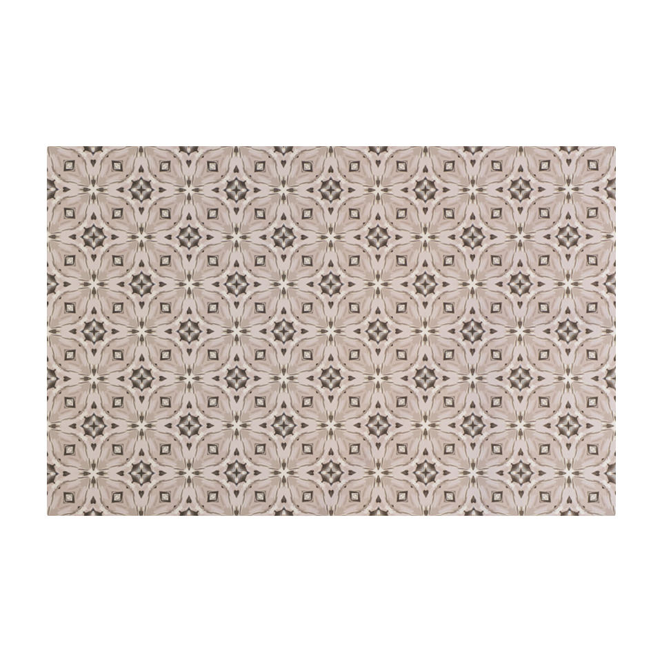 Neutral kaleidoscope pattern in shiitake tan and urbane bronze brown with touches of storm cloud blue on this low profile washable interior floor mat. 