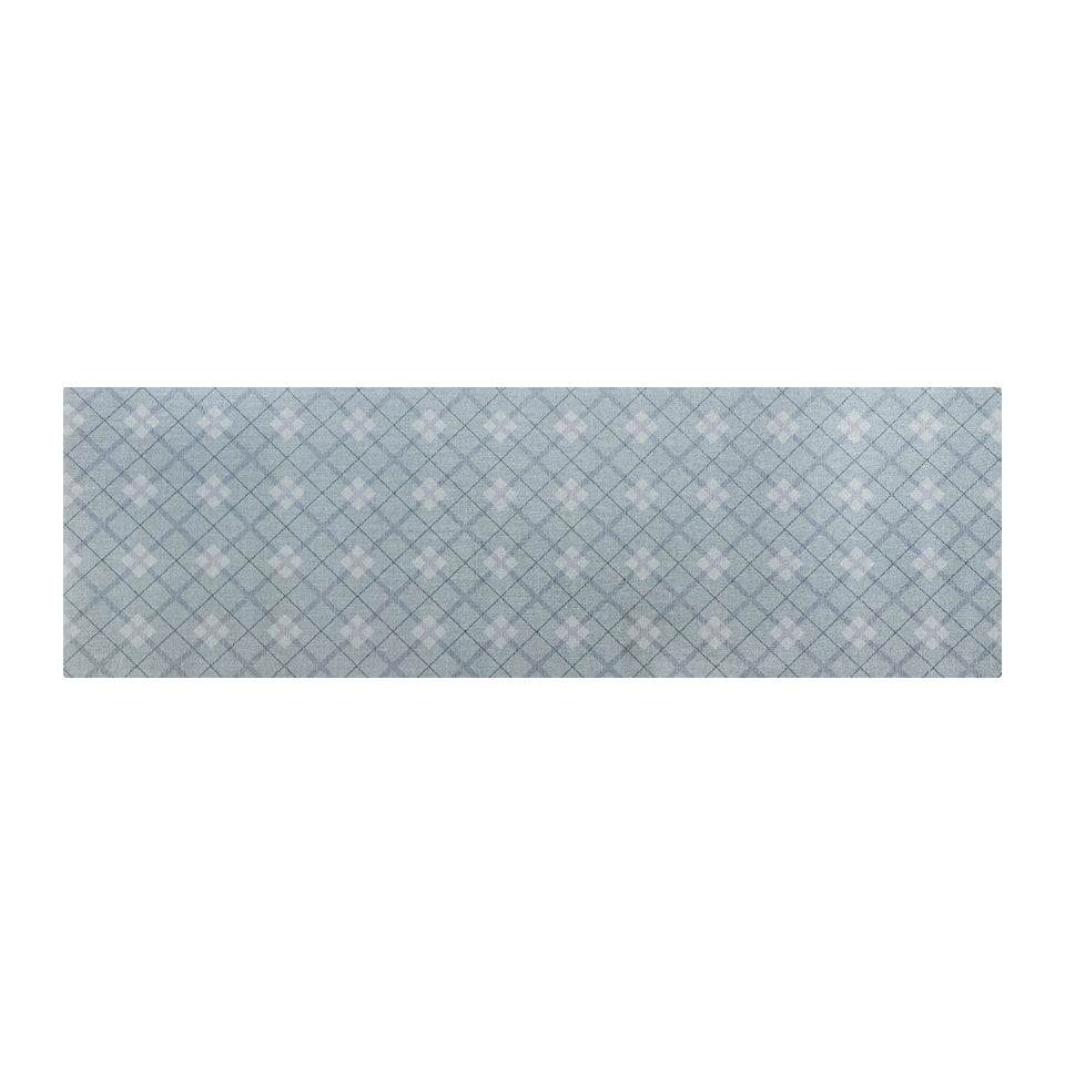 Indoor low profile runner shown in Sea Salt blue plaid with diamond pattern; small runner