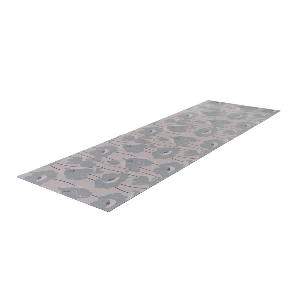 Beautiful mat with neutral light beige (shiitake) base with poppy flowers in light grey/blue (mountain road) shade; runner
