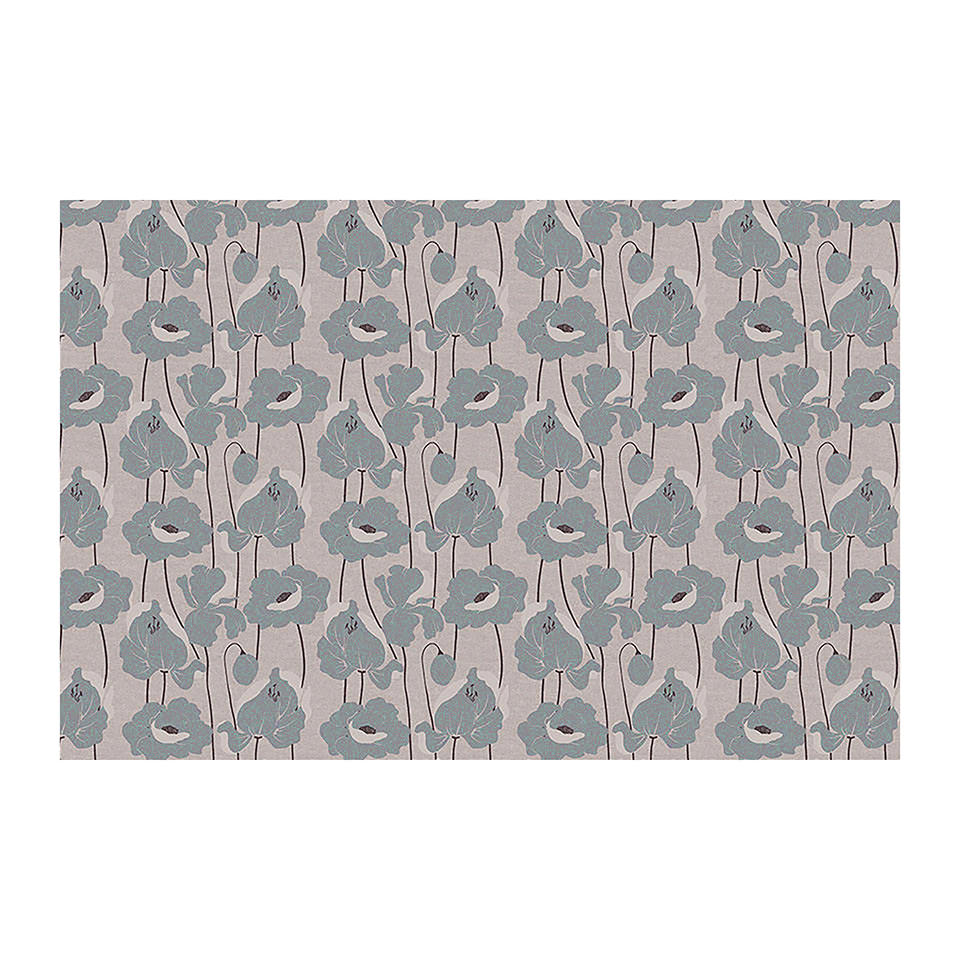 Beautiful mat with neutral light beige (shiitake) base with poppy flowers in light grey/blue (mountain road) shade; large
