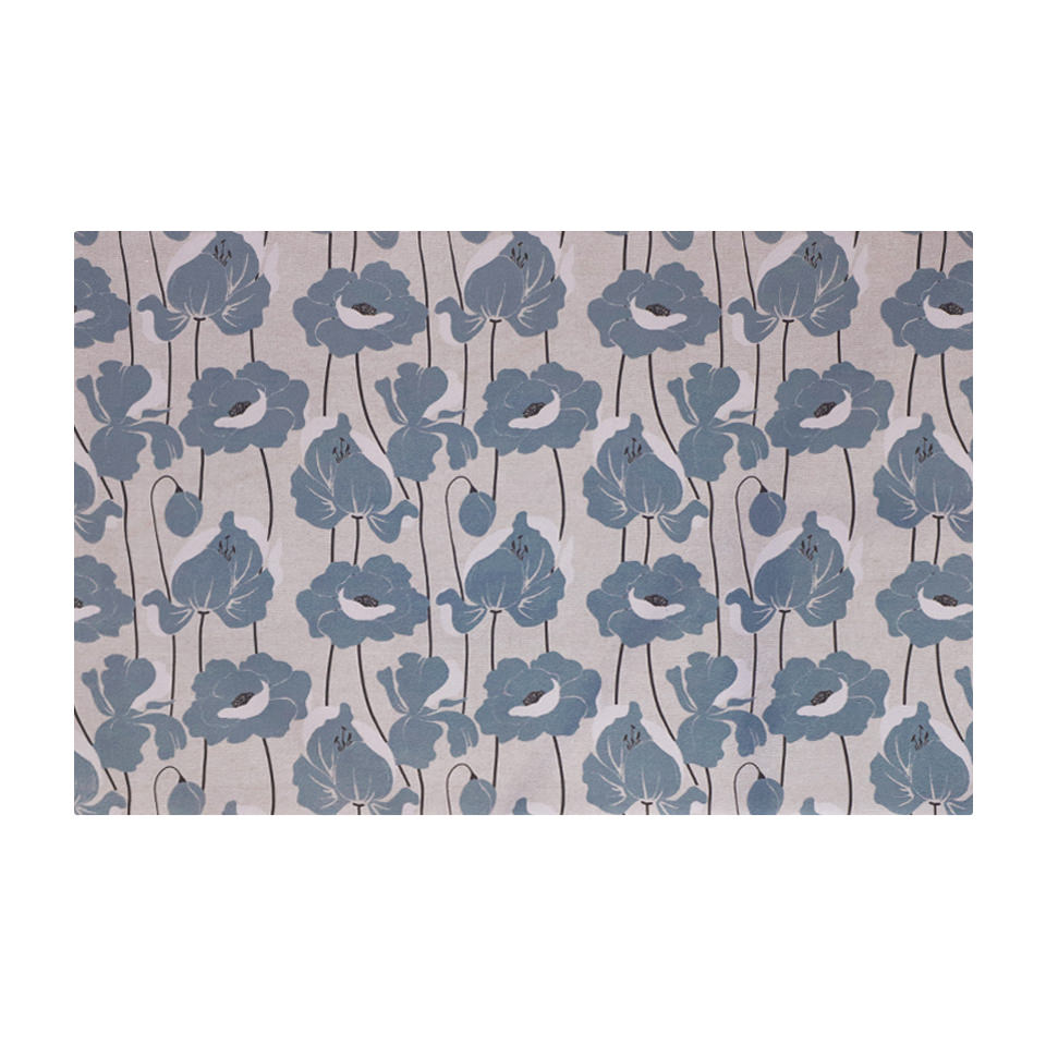 Beautiful mat with neutral light beige (shiitake) base with poppy flowers in medium grey/blue (storm cloud) shade; small