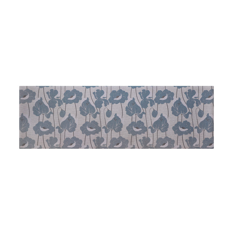 Beautiful mat with neutral light beige (shiitake) base with poppy flowers in medium grey/blue (storm cloud) shade; runner