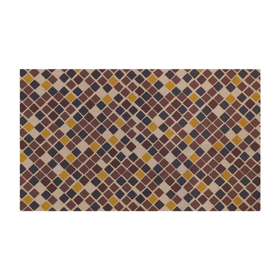 beautiful Un-Rug mat covered in tiny squares in multiple colors, dark red, yellow, dark brown, and neutral beige; size medium