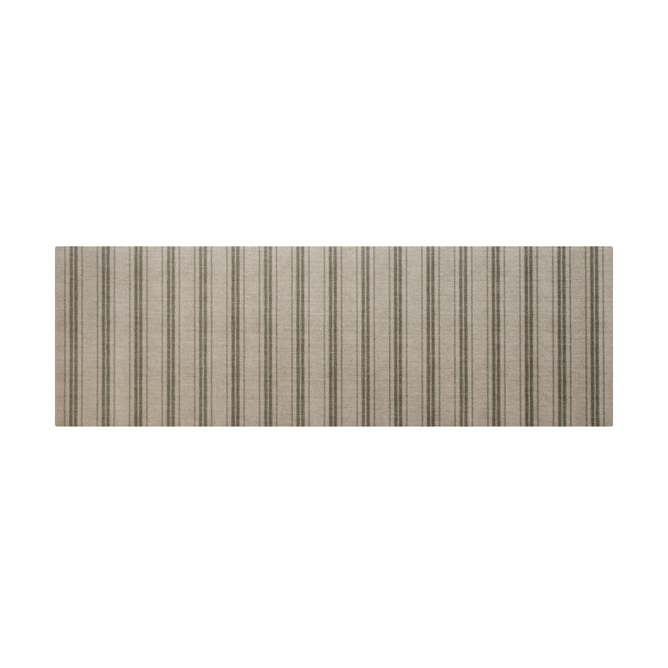 long, thin, rectangular runner with neutral beige (shiitake) base, and green stripes and pinstripes