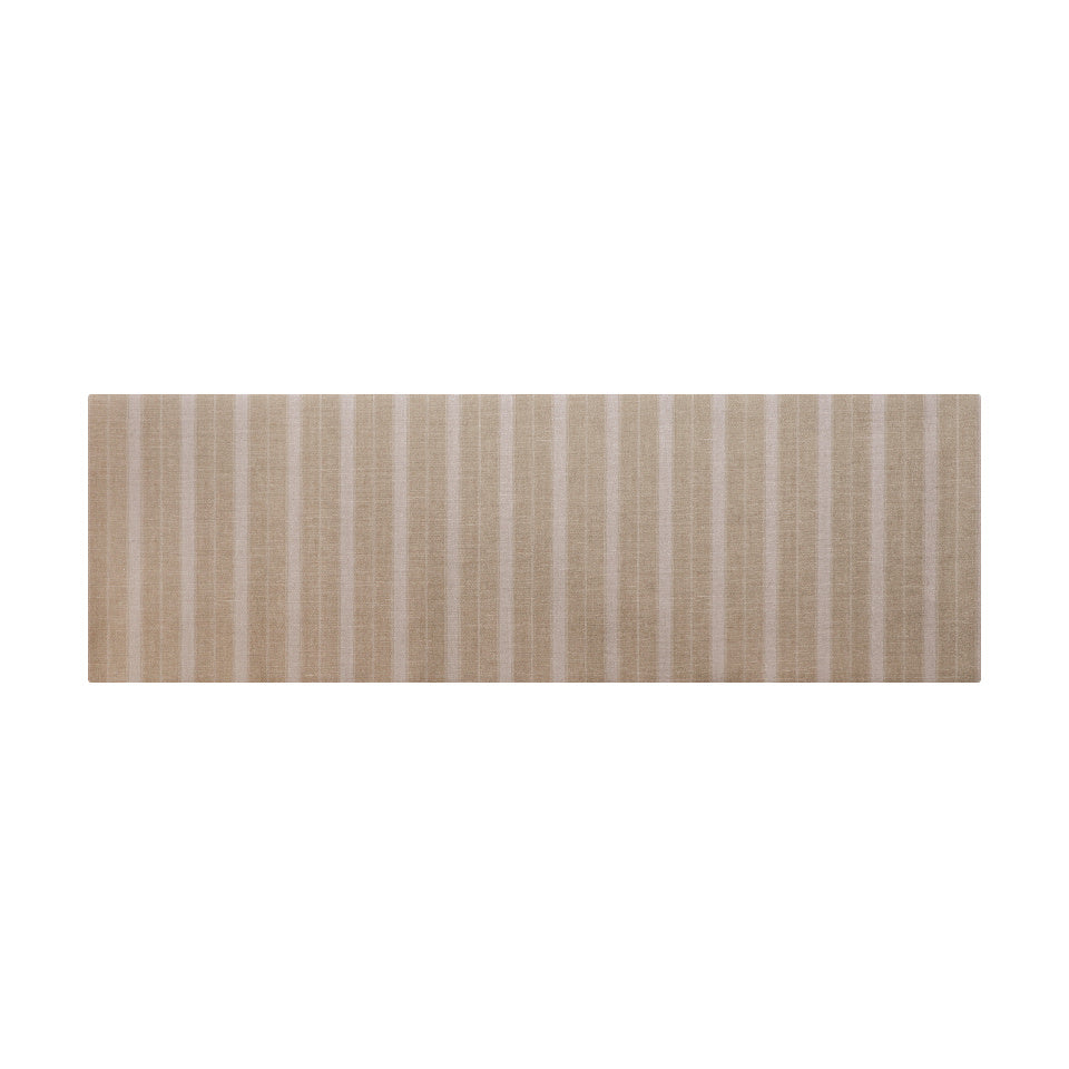 long, low-profile, thin runner with vertical stripes in light neutral tones