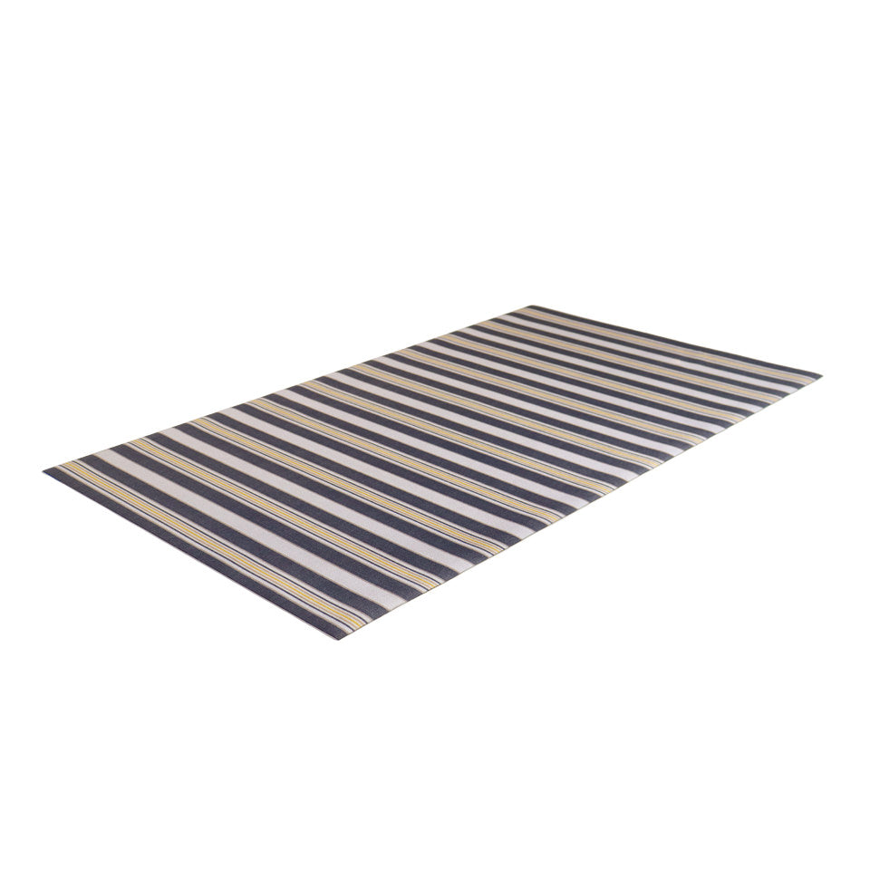 beautiful low-profile mat in ticking stripes rock bottom (grey) and tassel (yellow) along with other neutral tones