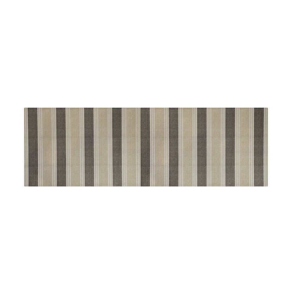 overhead view of long low-profile mattrely unrug runner in ticking stripes in neutral tones