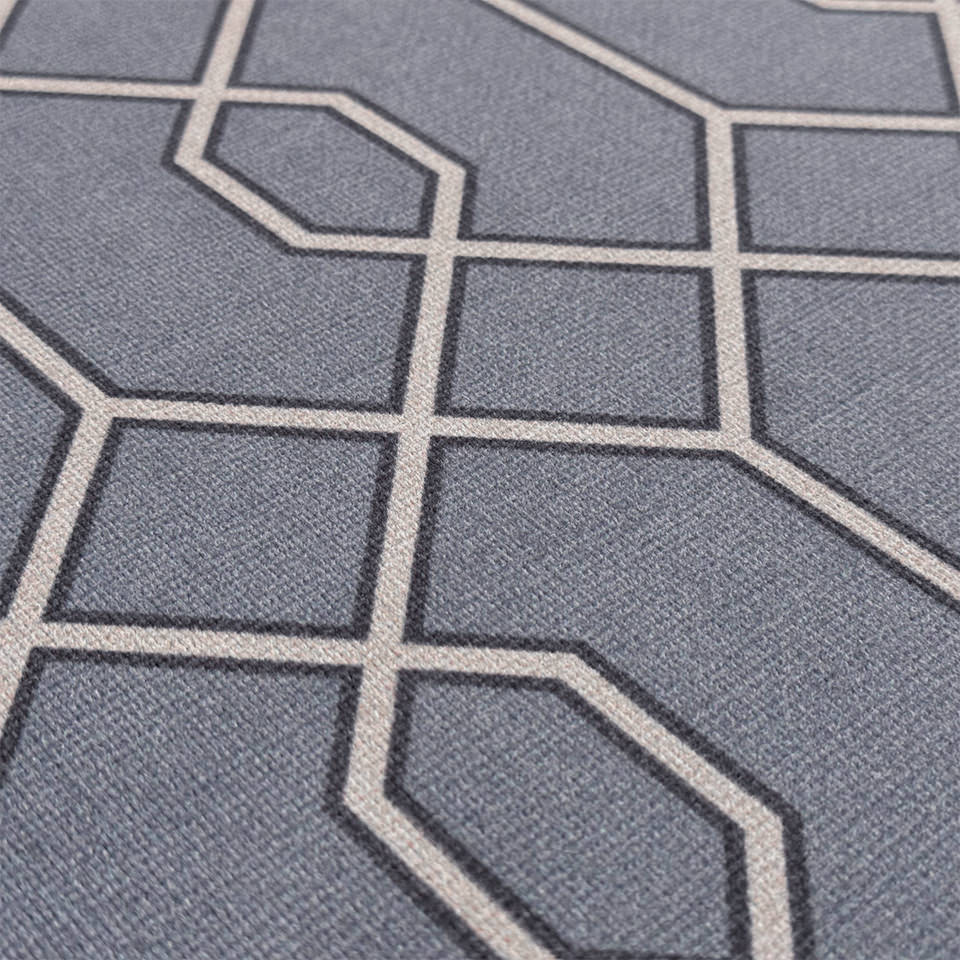 Detailed surface image of Timeless Trellis of blue grey with in cream line pattern with a black outline.