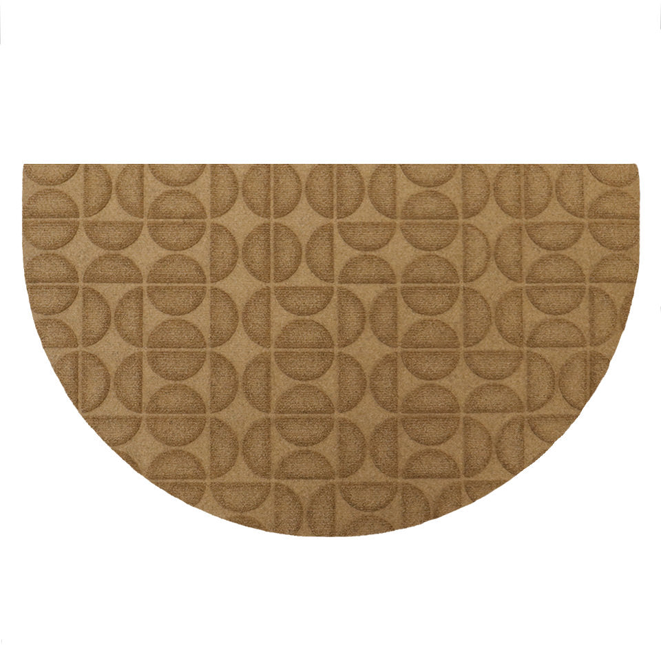 Overhead of WaterHog Luxe's Hourglass half-round mat in wheat with semi-oval alternating pattern and borderless edges