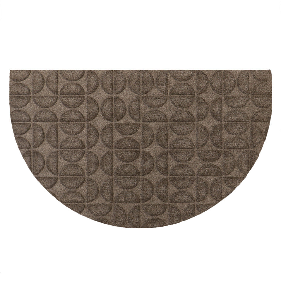 Overhead of WaterHog Luxe's Hourglass half-round mat in greige with semi-oval alternating pattern and borderless edges