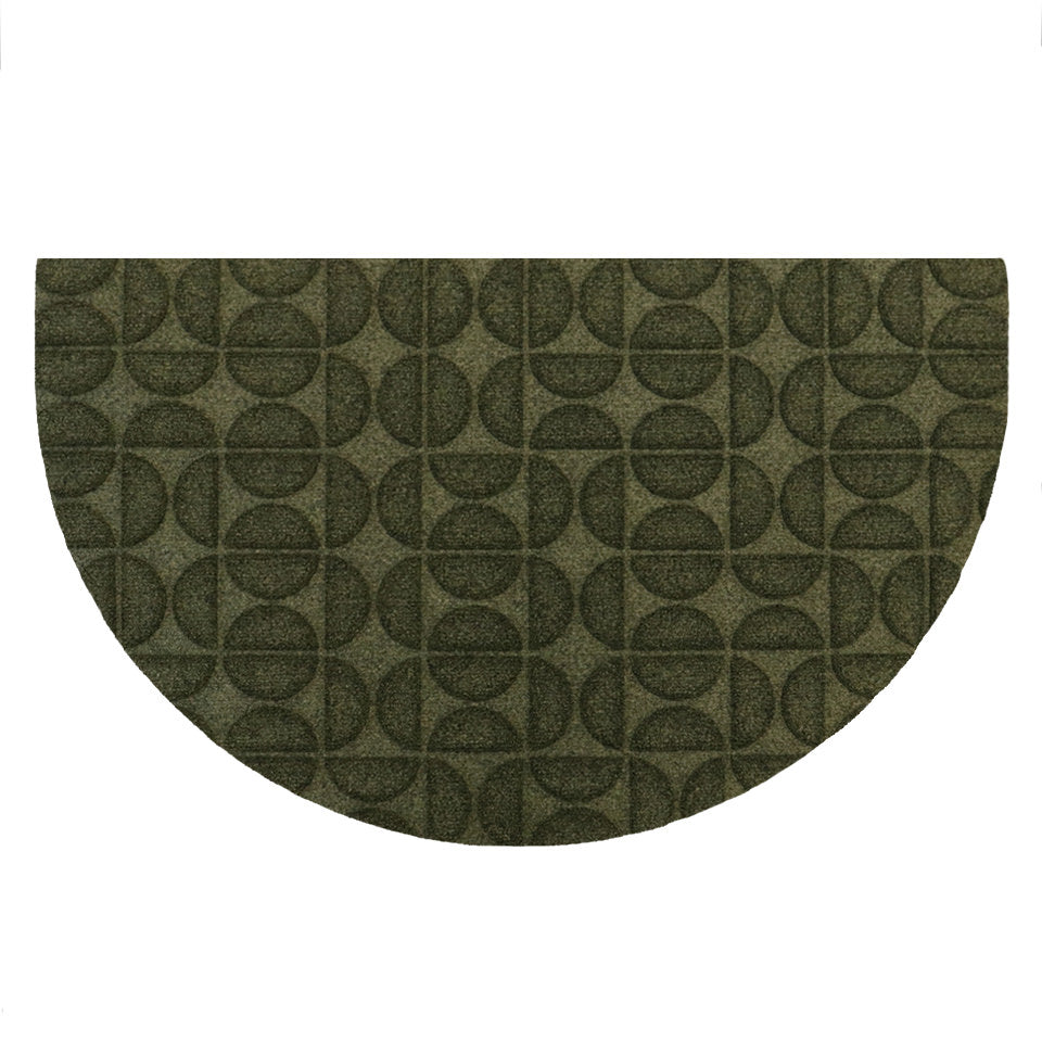 Overhead of WaterHog Luxe's Hourglass half-round mat in olive with semi-oval alternating pattern and borderless edges